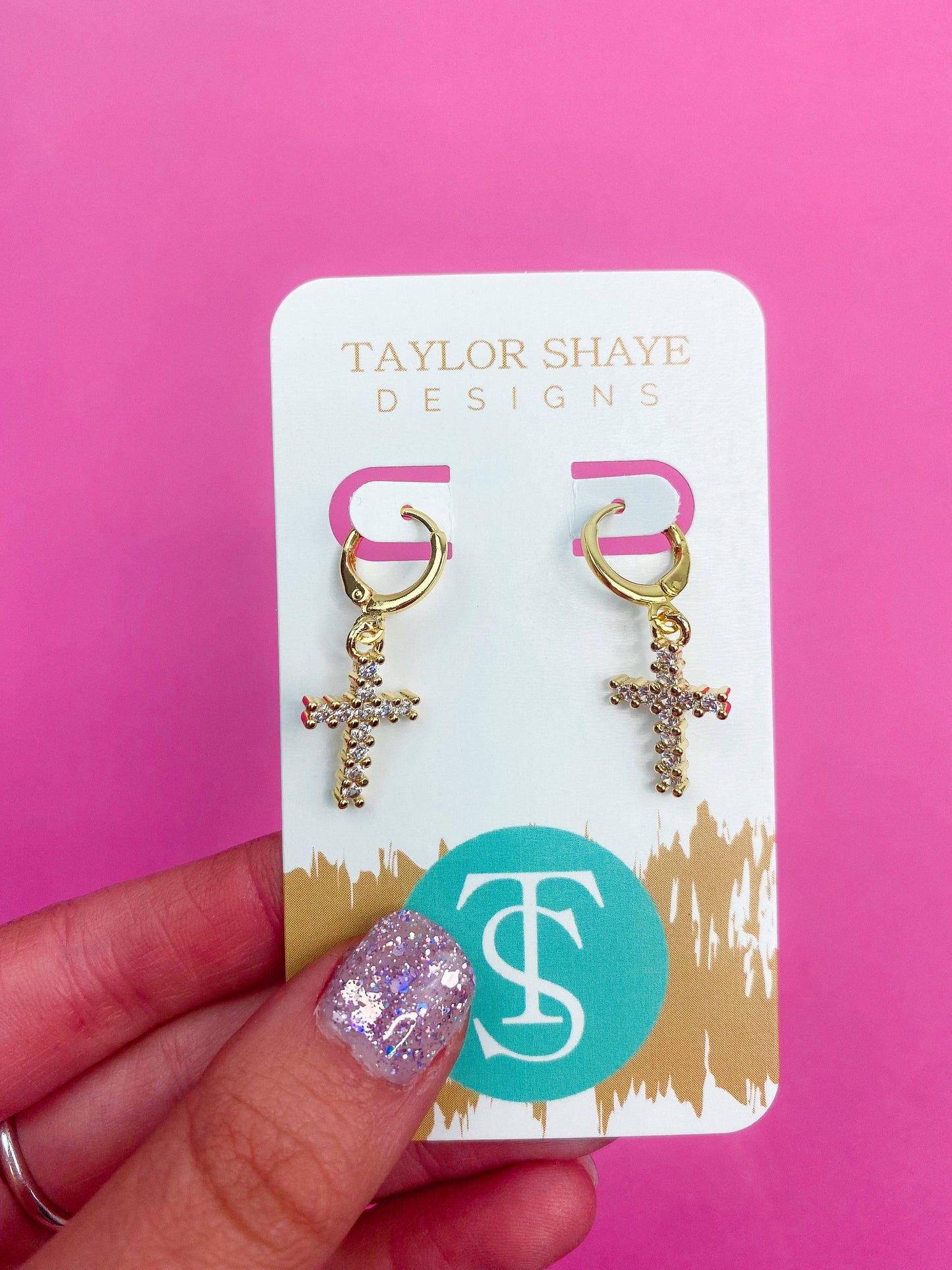 Taylor Shaye Designs Huggies Earrings: Eve Cross