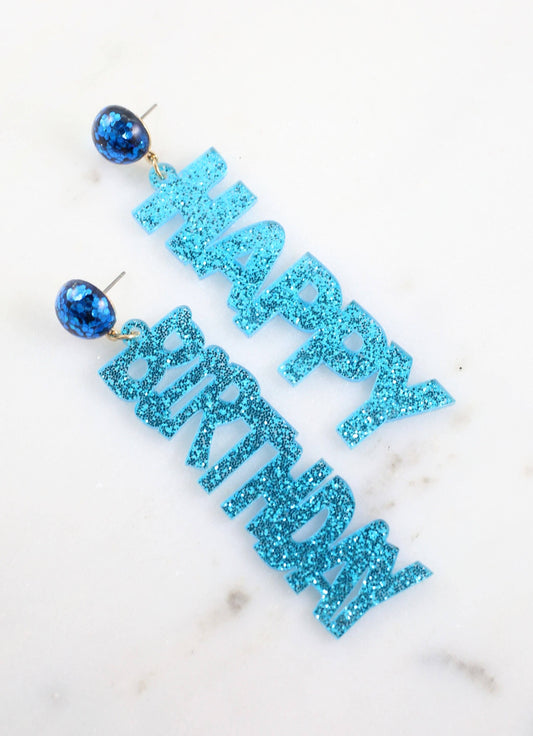 Glitter Acrylic Happy Birthday Earrings: Teal