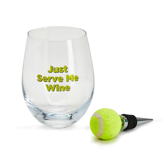 Stemless Wine Glass with Stopper Set: Tennis Ball
