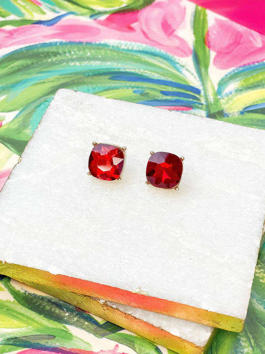 Iridescent Glass Crystal Stud Earrings: Red