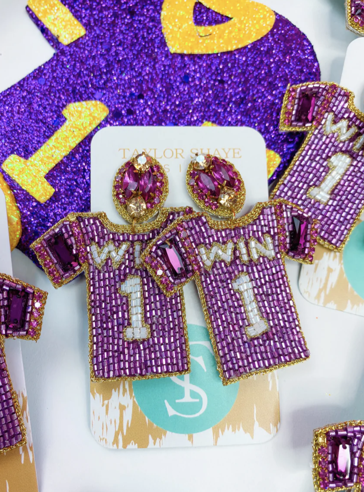 Taylor Shaye Designs Earrings: Beaded Purple and Gold Jerseys