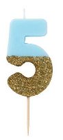 Blue and Gold Glitter Number Candle: 5