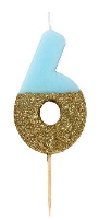 Blue and Gold Glitter Number Candle: 6