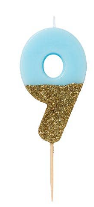 Blue and Gold Glitter Number Candle: 9