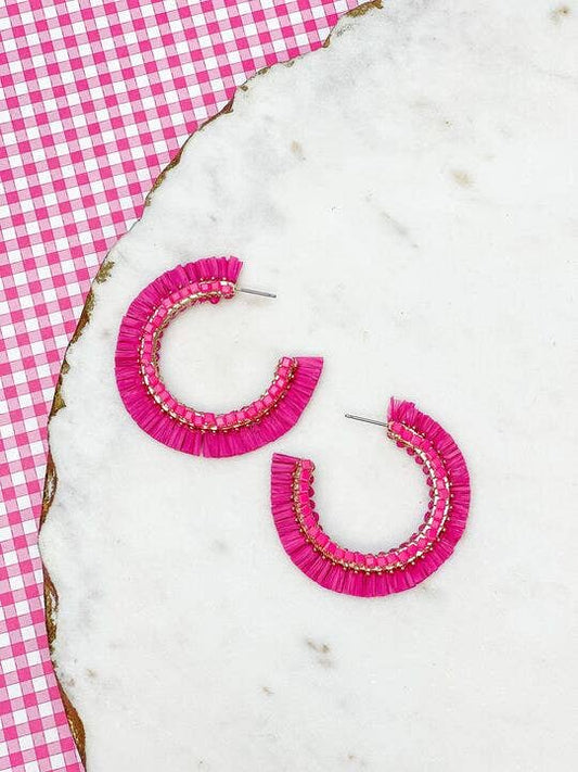 Hot Pink Beaded Raffia Hoop Earrings