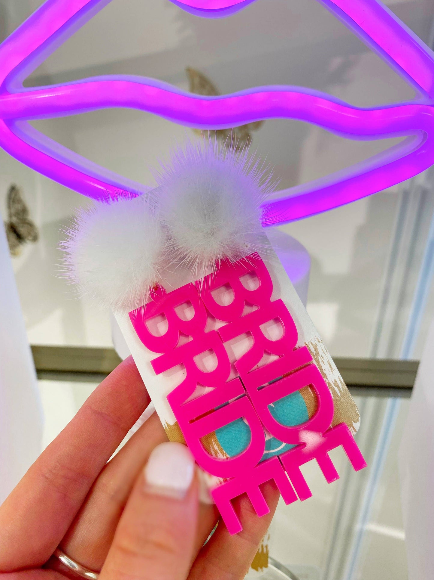 Taylor Shaye Designs Acrylic Earrings: Neon Pink "Bride"