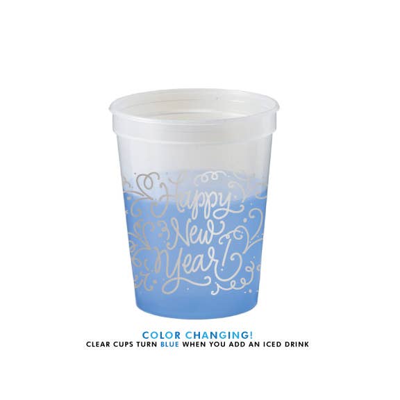 Cups (color changing!) - Happy New Year (silver or gold): Silver (WITH lids and straws - 6 cups per set)