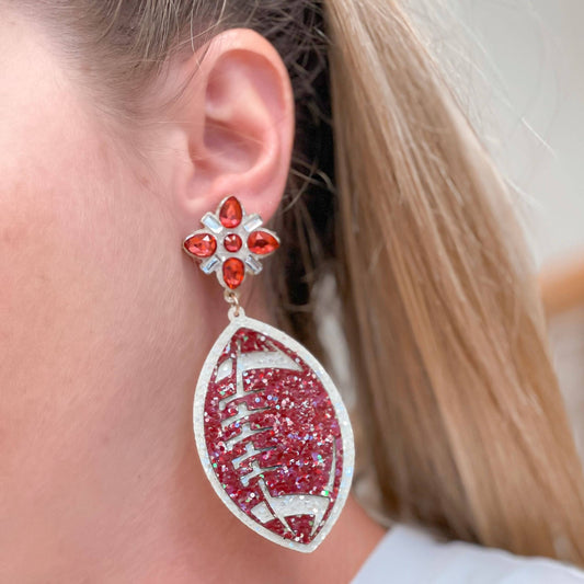 Glitter Football Dangle Earrings: Burgundy & White