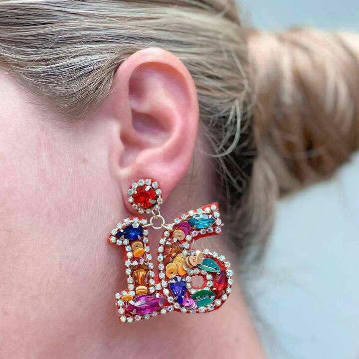 Prep Obsessed Wholesale - '16' Birthday Celebration Rhinestone Drop Earrings