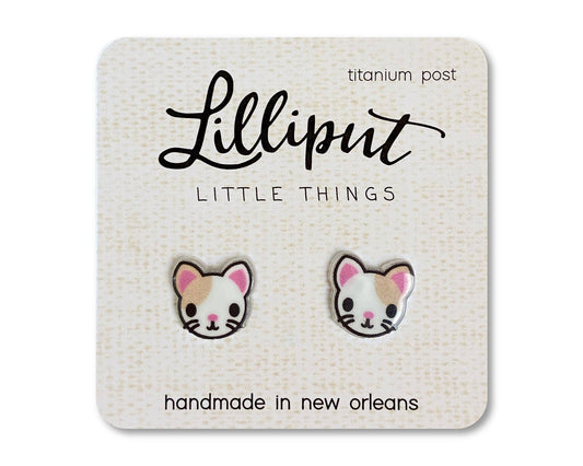 Hypoallergenic Earrings: White with Brown Spot Kitty Cat