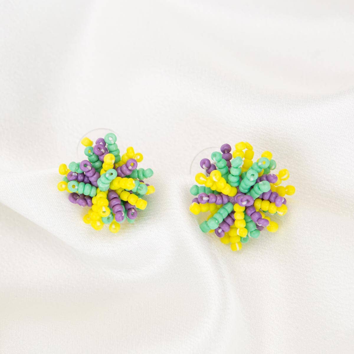 The Royal Standard Pom Pom Stud Earrings: Purple/Green/Yellow