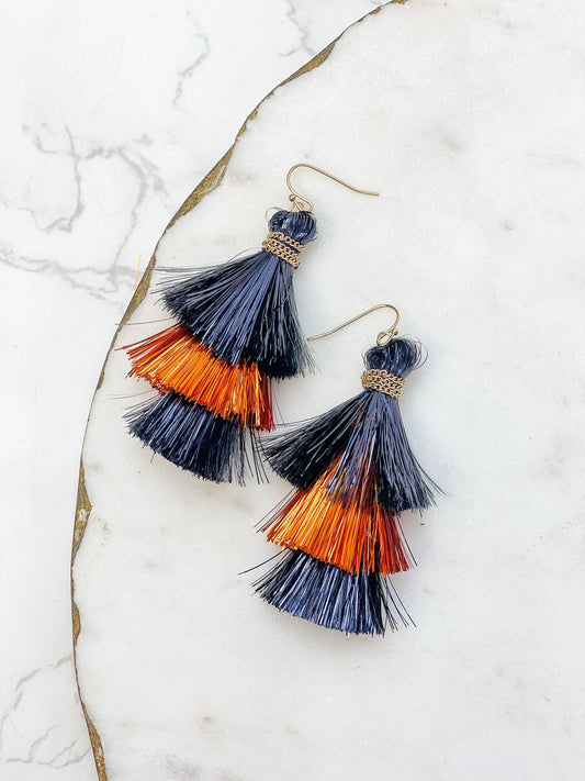 Tinsel Tiered Tassel Earrings: Navy & Orange