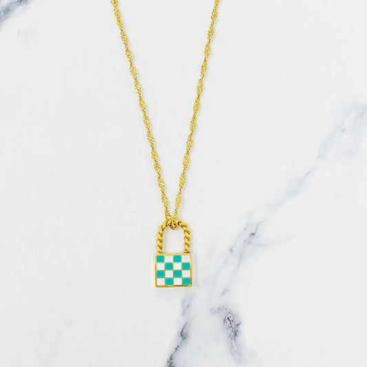 Ellison+Young Necklace: Checkered Locket - Turquoise