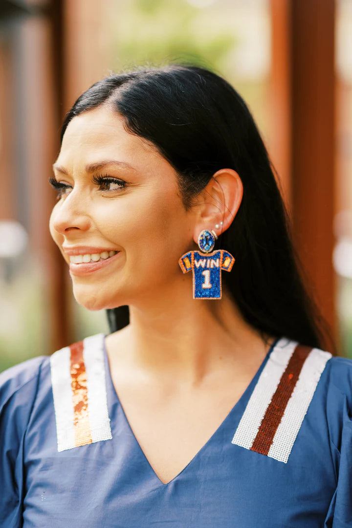Taylor Shaye Designs Earrings: Beaded Blue and Orange Jersey