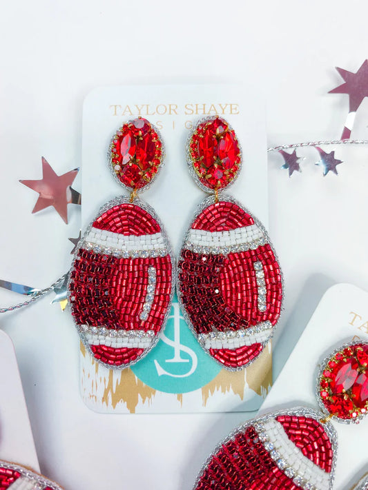 Taylor Shaye Designs Earrings: Beaded Red and White Footballs